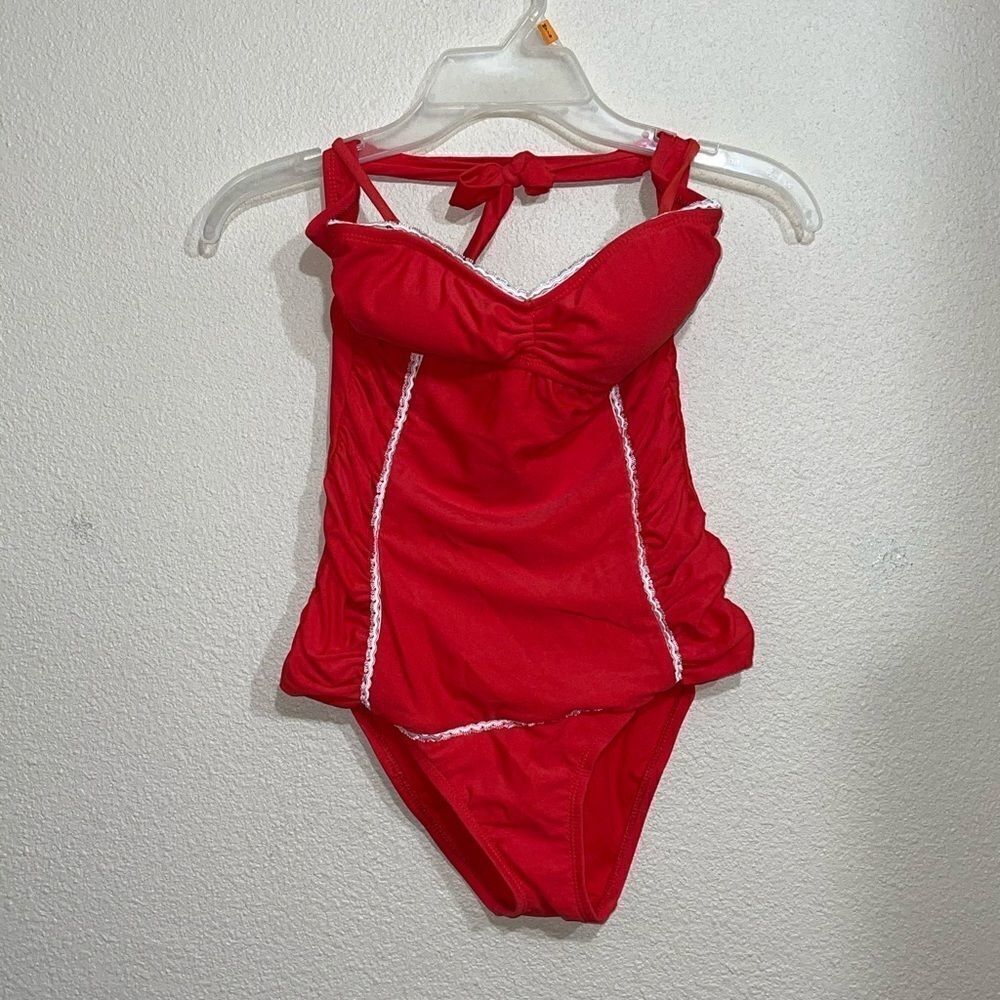 🎆 VM Ruched Lace Halter Red One Piece Swimsuit - Picture 3 of 7